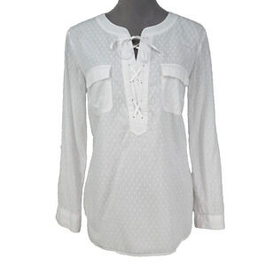 Talbots Top Womens Large White Blouse Cotton Swiss Dot Lace Up Front Coastal